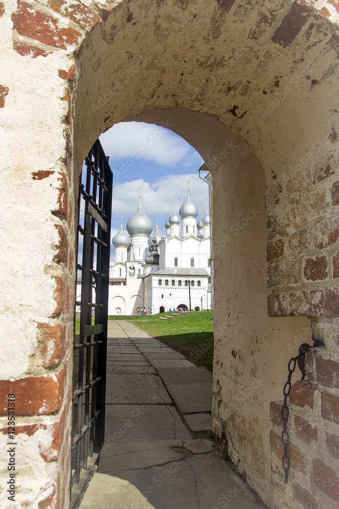 view oftemple of Rostov Kremlin  entrance in  wall