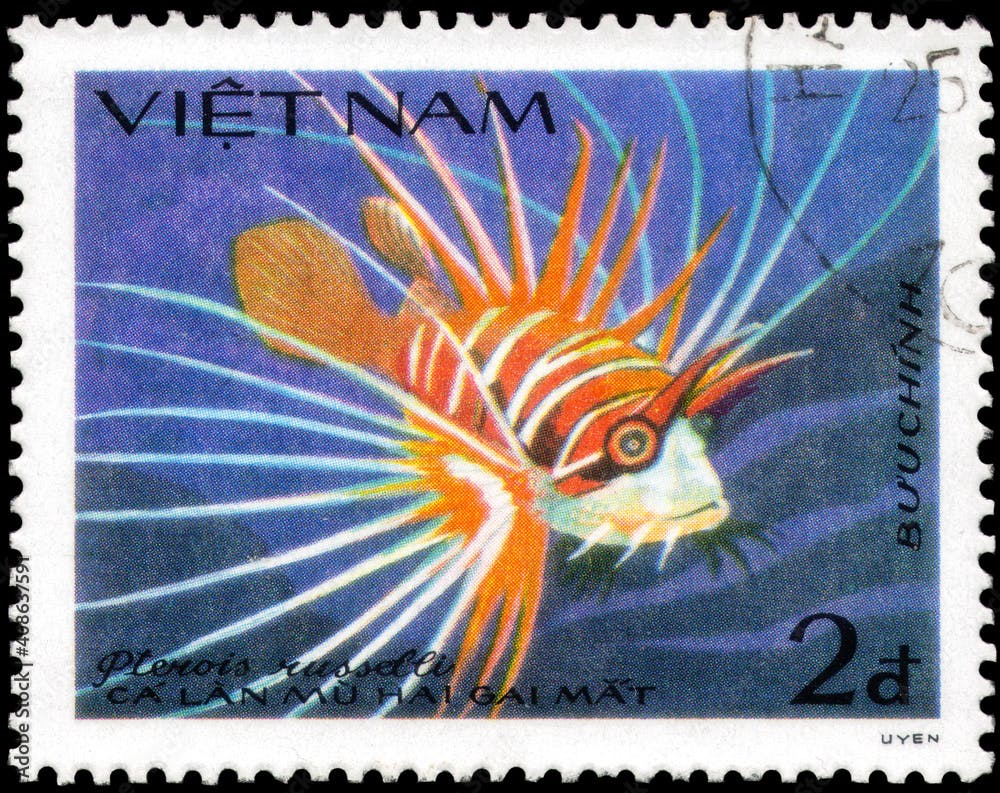 Postage stamp issued in the Vietnam with the image of the Russell's Lionfish, Pterois russelii. From the series on Fish, circa 1984