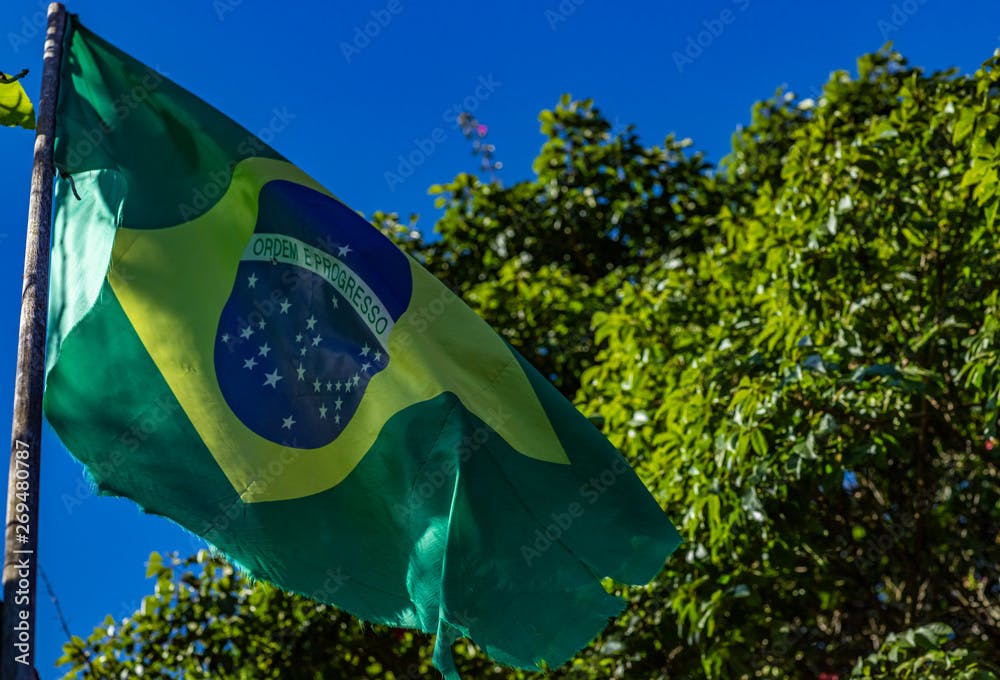 Flag in the wind. Green, yellow and blue flag. Brazilian flag. 