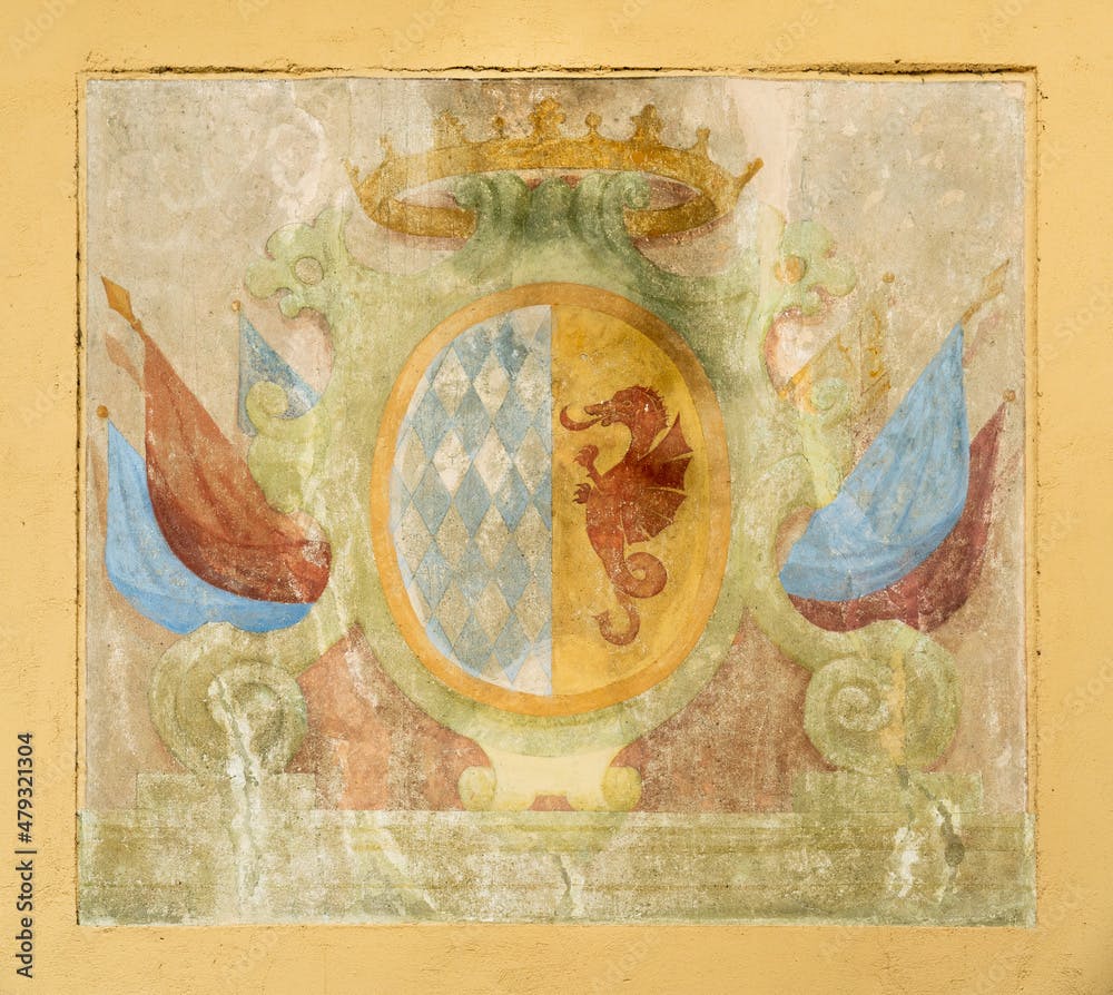 Fresco coat of arms with seahorse and crown in pastel colours, Garda Lake, Italy