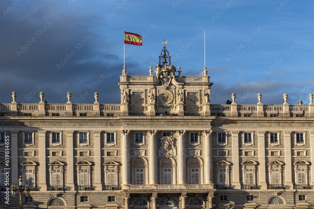Spain, Madrid, Royal Palace of Madrid with Spanish flag