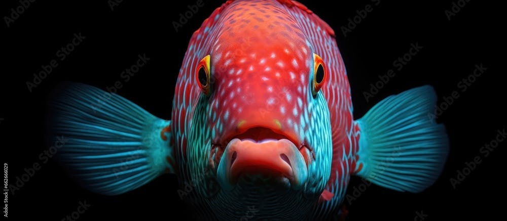 Closeup photo of parrot fish vignetted looking at camera With copyspace for text