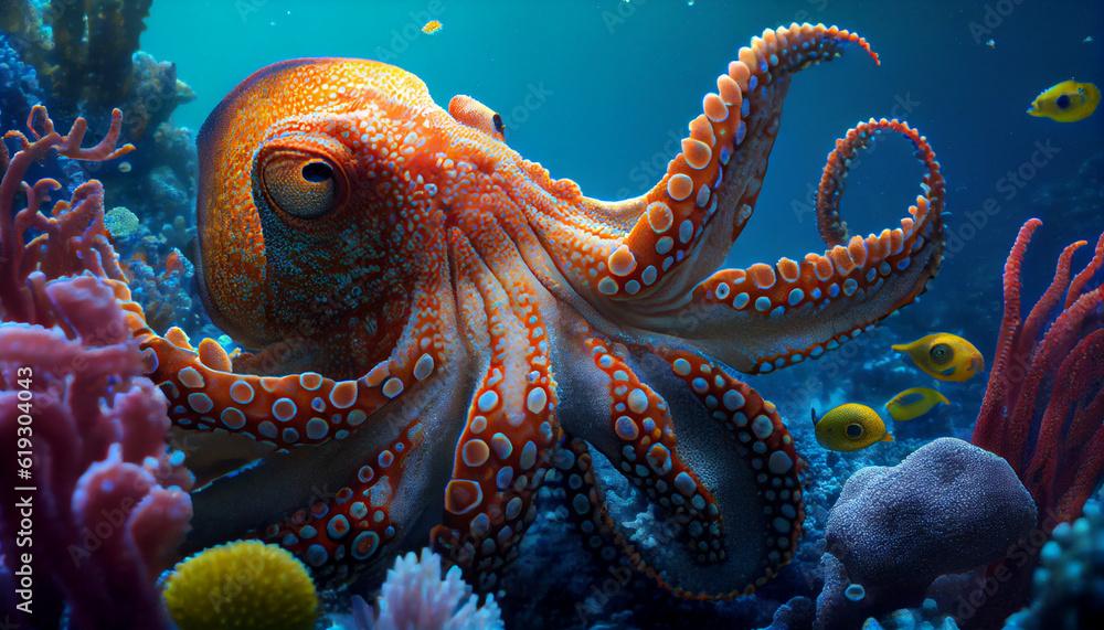 Underwater world. Octopus. corals Ai generated image