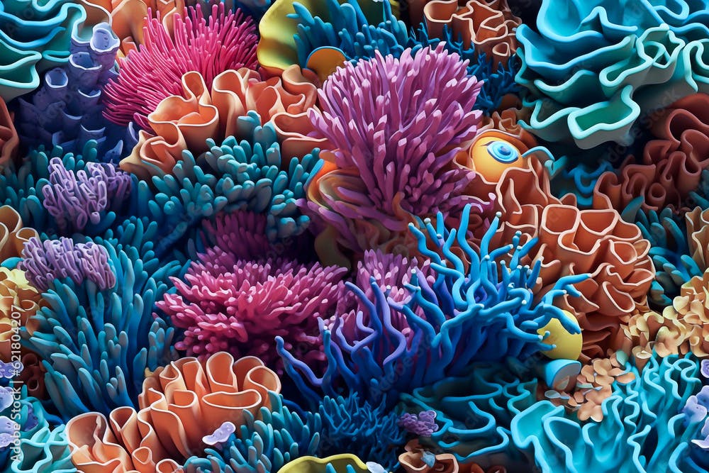 Ocean underwater landscape with clay coral reefs 3d background design. Generative AI