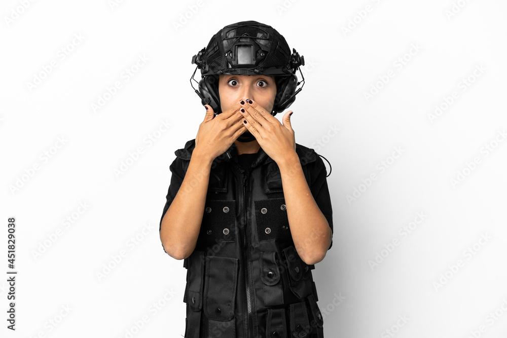 SWAT woman isolated on white background covering mouth with hands