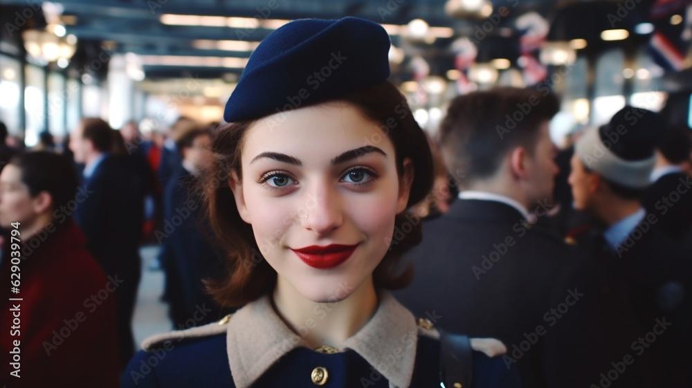 woman, large room, wearing uniform, fictitious, female soldier or suit or stewardess or policewoman, smiling friendly shy nice, caucasian, a banquet, party guests, suit, business lunch or event