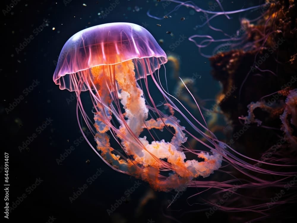 A jellyfish floating in the water with a dark background. Generative AI.