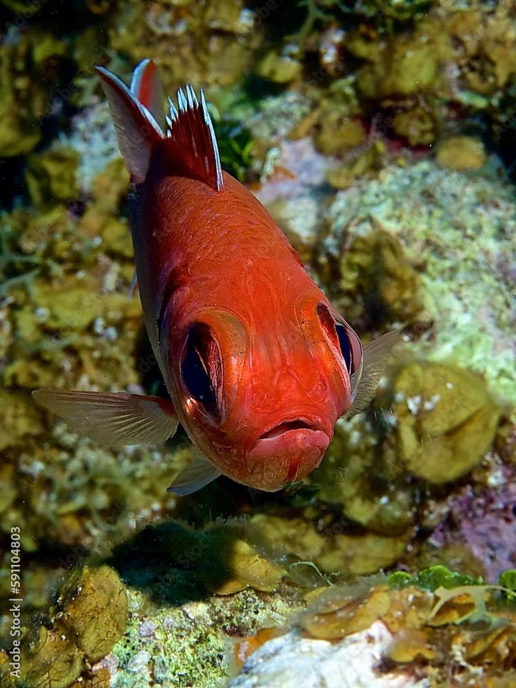 Image of a single red Holocentrus adscensionis fish swimming in the water.