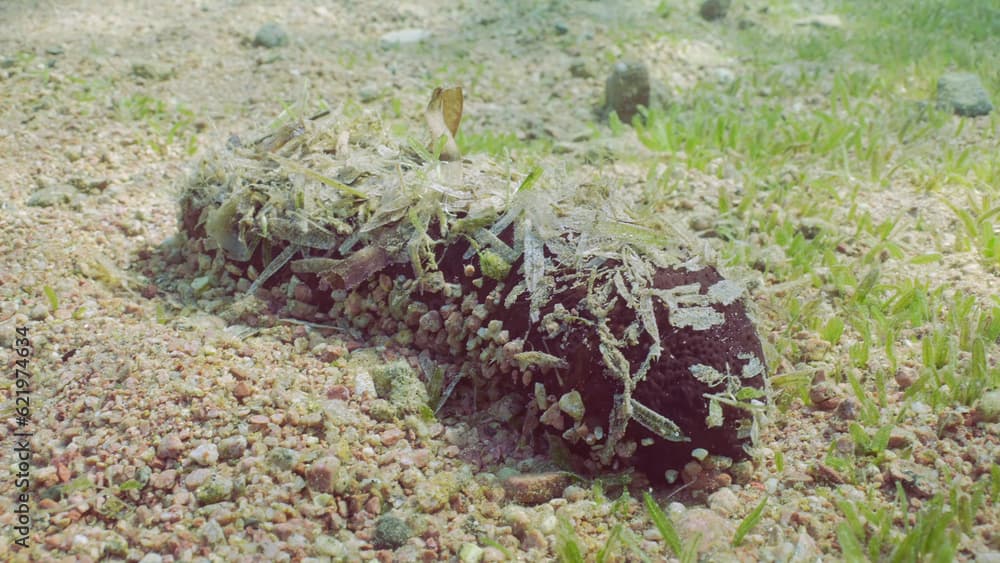 Black Teatfish, Holothuria (Microthele) nobilis lies on seabed with pebbles and wilted seagrass leaves glued to itself for camouflage on sunny day in sun glare, Red sea, Egypt