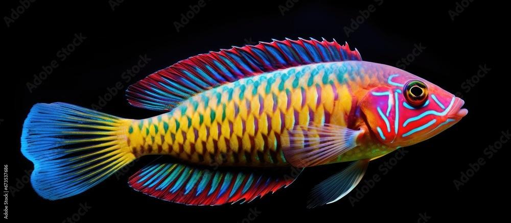 A colorful fish species called Coris julis commonly known as the Mediterranean rainbow wrasse can be found underwater in the Aegean Sea specifically in Halkidiki Greece