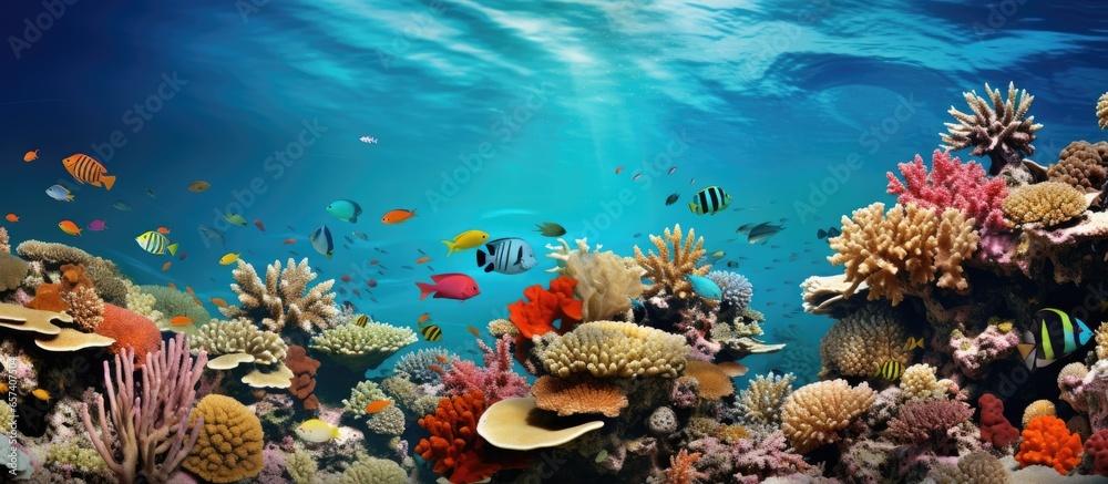 Panoramic view of coral reef with fish seaweeds and corals in the Red Sea Egypt With copyspace for text