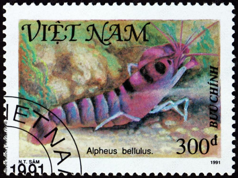 Postage stamp Vietnam 1991 tiger pistol shrimp, shellfish