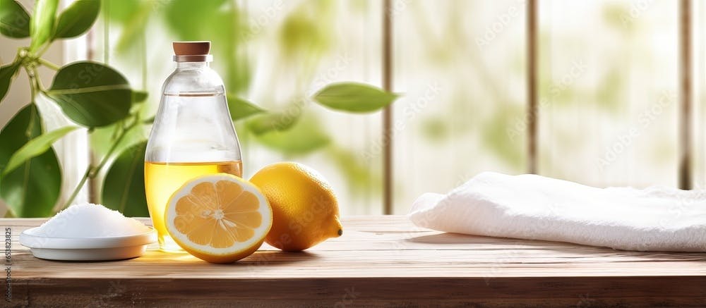 Environmentally friendly cleaners using baking soda lemon and cloth on antique table and windows backdrop