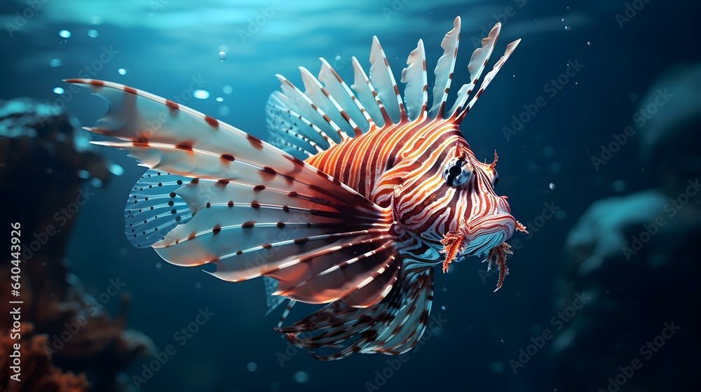 Close up of a Lionfish swimming in the clear Sea. Natural Background with beautiful Lighting