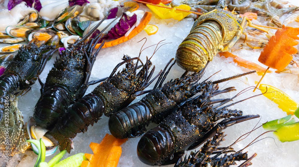 Fresh raw lobsters and various seafood on ice, decorated with vegetables