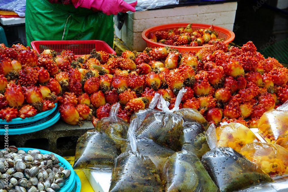 Korean seafood(Sea squirt and Sea cucumber) at Jagalchi seafood market Busan Korea