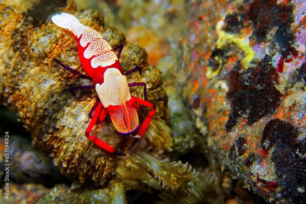 Red bright vivid shrimp (Emperor shrimp, Periclimenes imperator) on the sea cucumber. Underwater macro photography, scuba diving with tropical marine life. Travel photo, animals in the ocean.