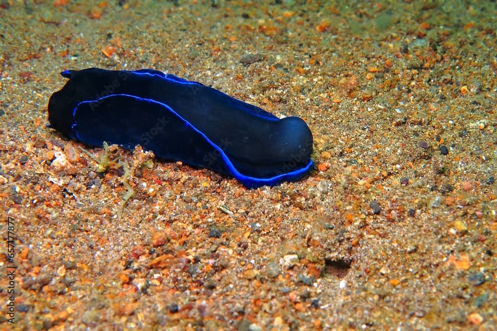 Blue black sea slug - nudibranch Gardiner’s philinopsis (Tubulophilinopsis gardineri) on the sandy bottom. Underwater macro photography, scuba diving with the tropical marine life. Animal in the ocean