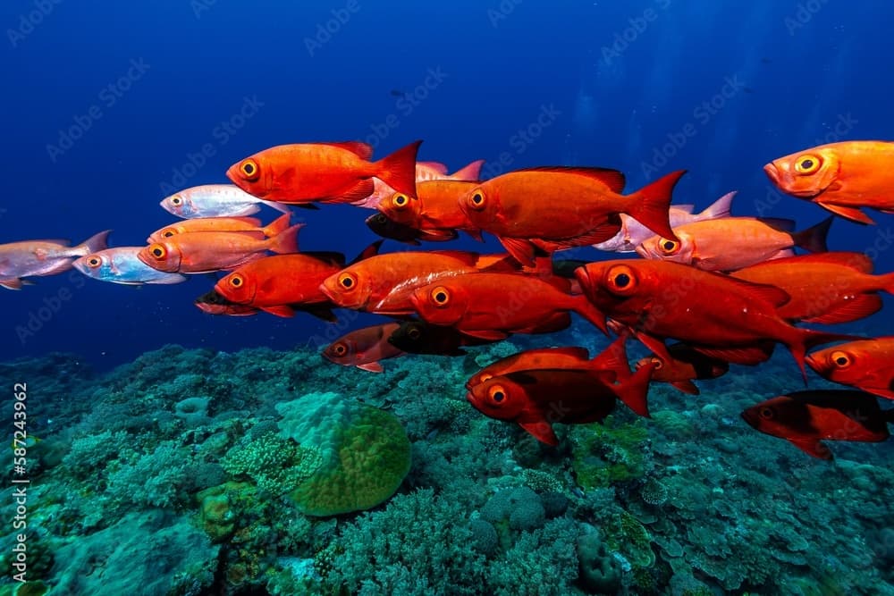 School of moontail bullseye fish swimming around the corals in the clear blue sea water