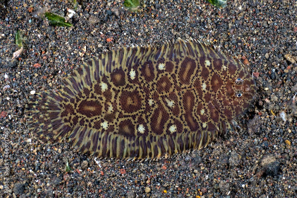 Flounder fish - Carpet Sole -Liachirus melanospilos on the seabed at night. Sea life of Bali, Indonesia.