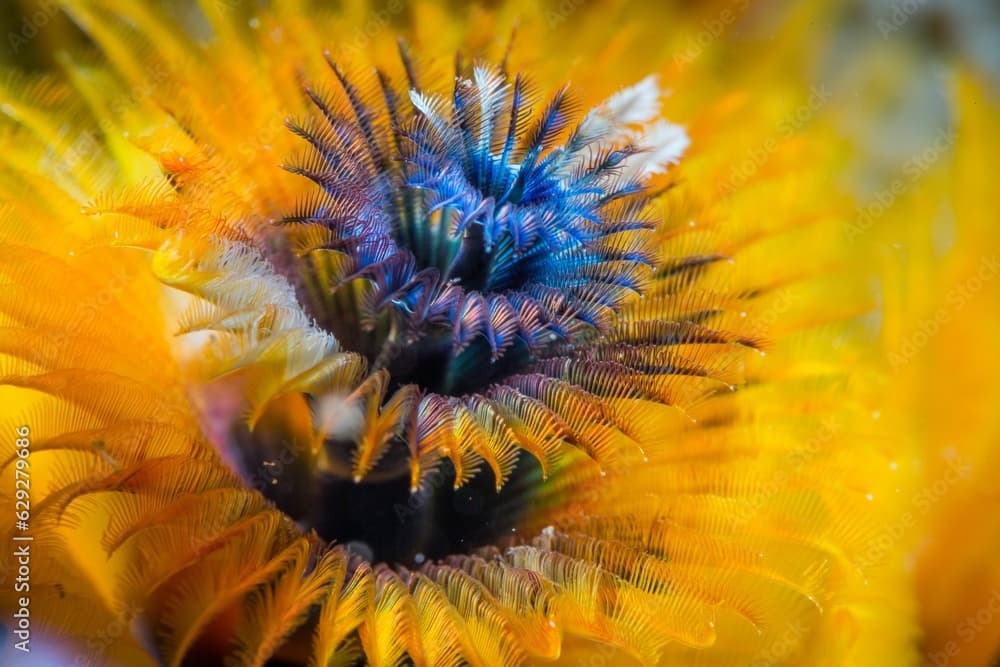 Of a yellow marine creature, Sabellastarte in the blue ocean