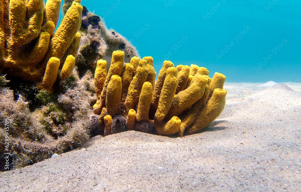 Yellow tube sea sponge - Aplysina aerophoba, underwater image into the Mediterranean sea