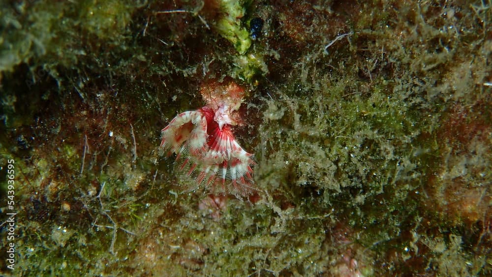 Calcareous tubeworm or fan worm, plume worm or red tube worm (Serpula vermicularis) close-up undersea, Aegean Sea, Greece, Halkidiki
