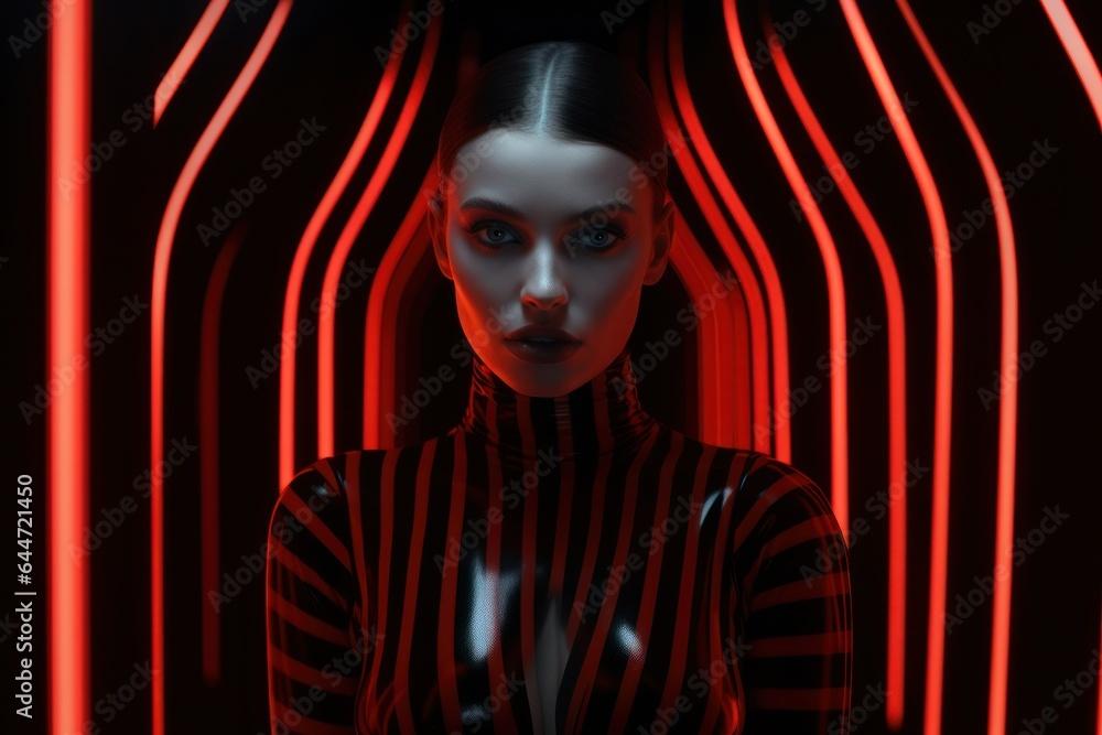 A solitary figure stands in the shadows, her striking black and red striped bodysuit capturing a powerful combination of art, emotion, and wild style