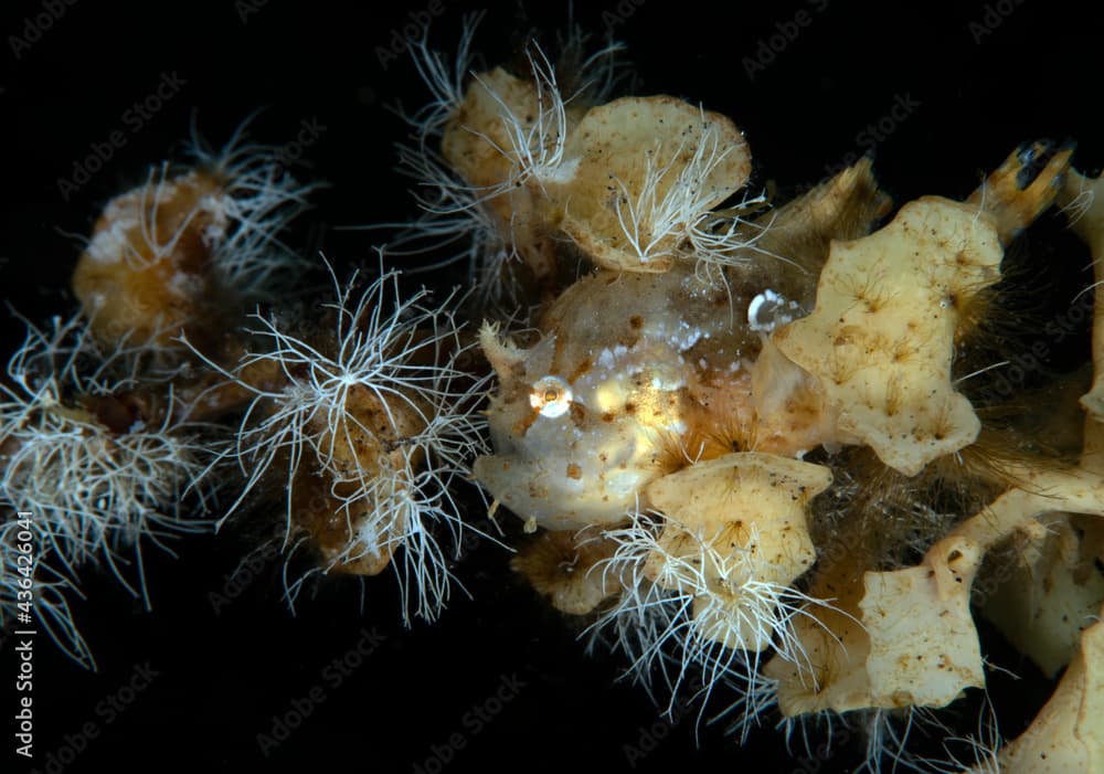 A rare Sargassum Frogfish - Histrio histrio. Underwater world of Tulamben, Bali, Indonesia.