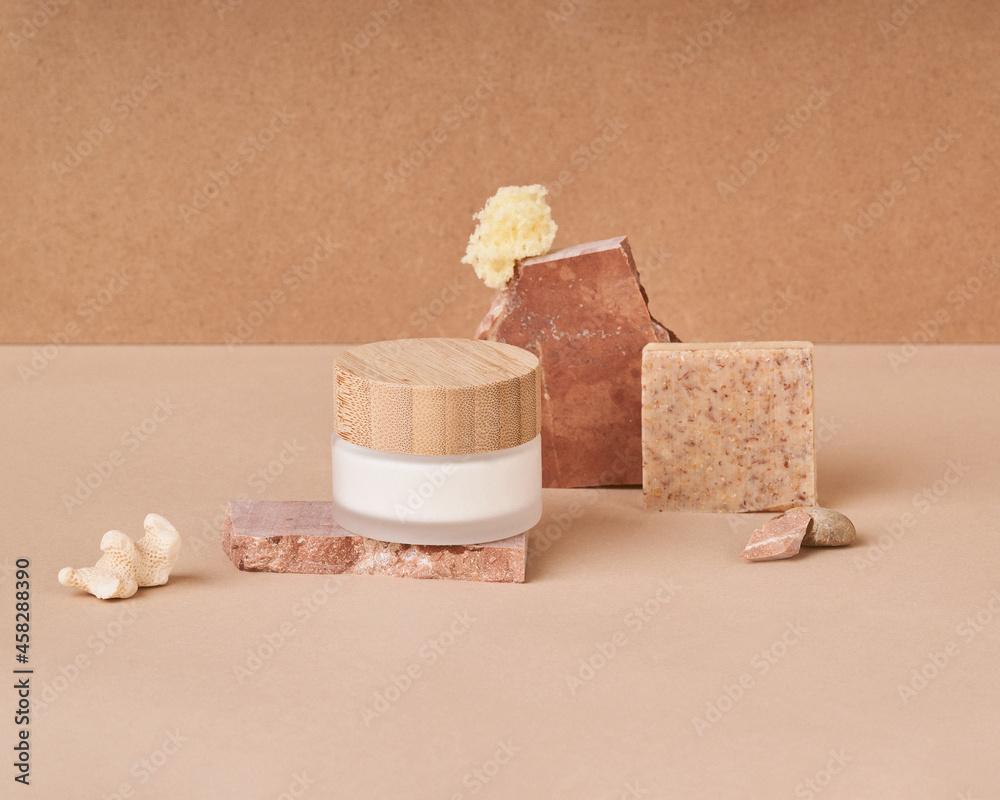 Natural cosmetic products and soap bars with sponge