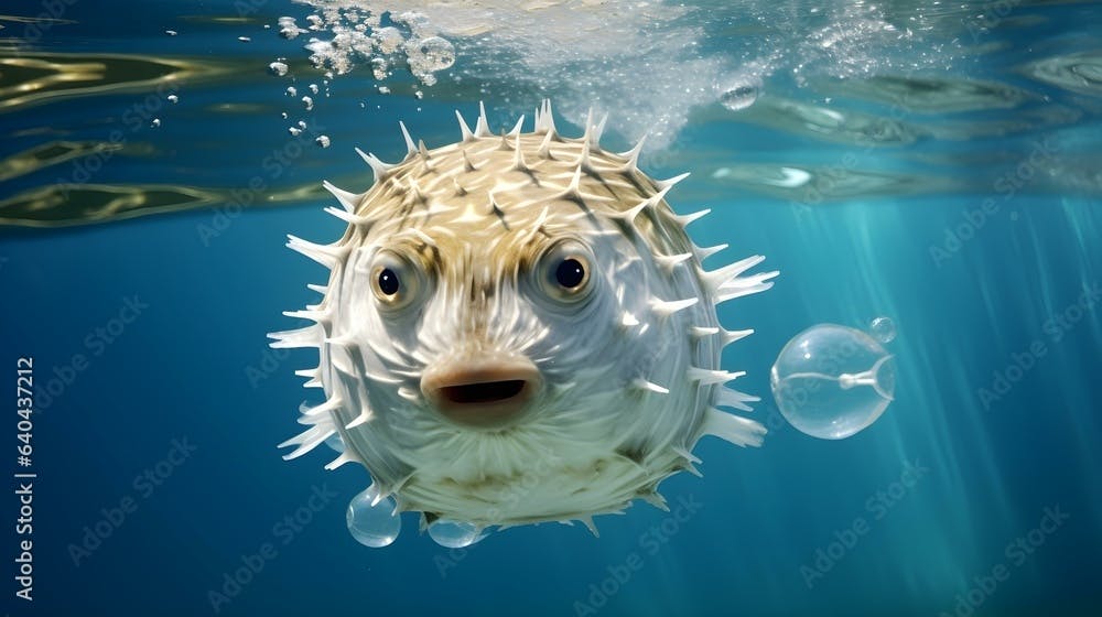 Close up of a Blowfish swimming in the clear Ocean. Natural Background with beautiful Lighting