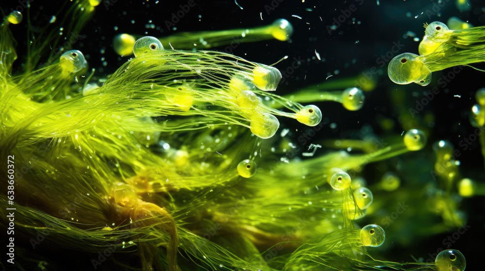 This image captures a closeup view of microscopic algae swimming in an aquatic environment. The organisms vary in size and appear to be composed of green and yellowtinted