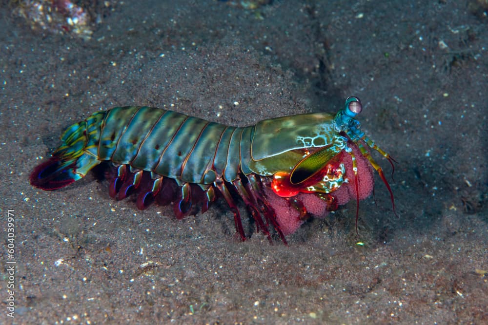 Peacock mantis shrimp - Odontodactylus scyllarus with eggs. Underwater macro life of Tulamben, Bali, Indonesia.