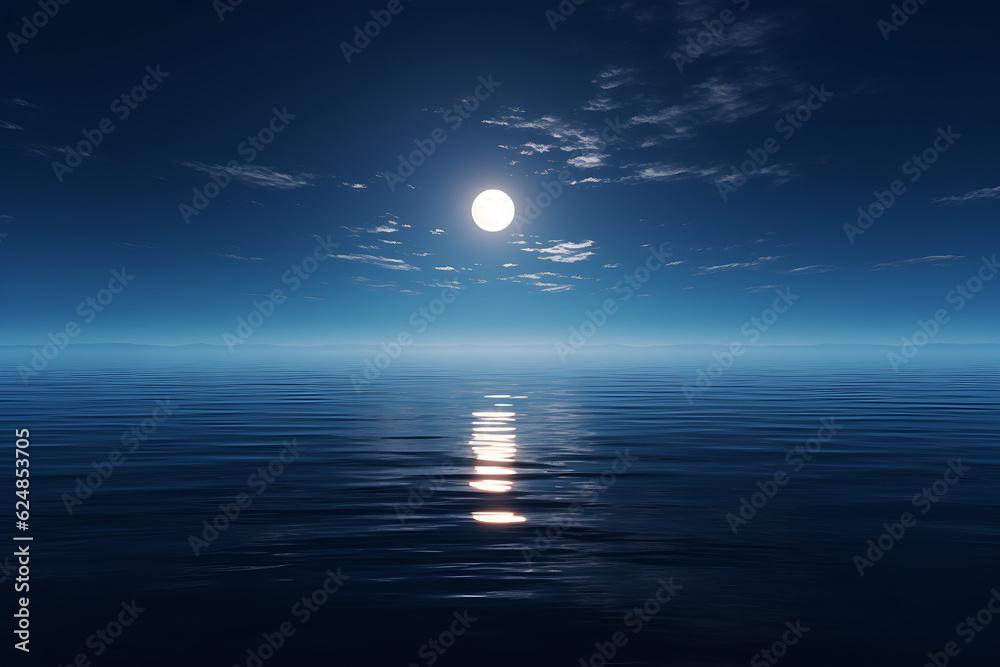 An awe-inspiring shot of a full moon rising over a calm ocean, casting a path of shimmering silver on the water's surface.