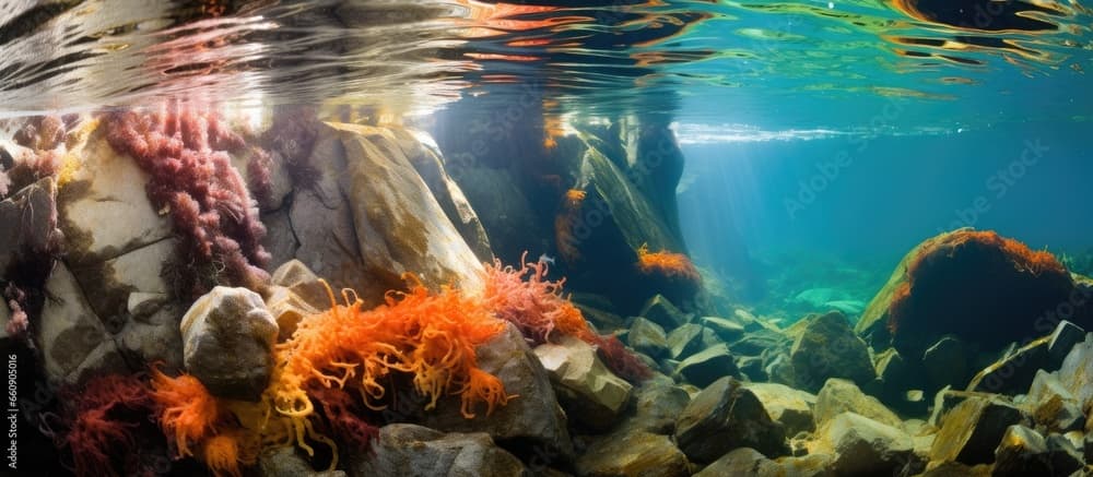 Vibrant boulder beneath seaweed overhead With copyspace for text