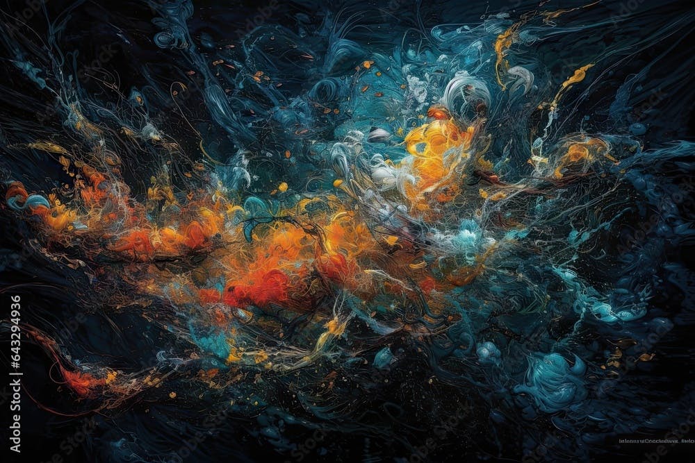 an abstract painting with orange, blue and black paint on the bottom half of the image is in full color