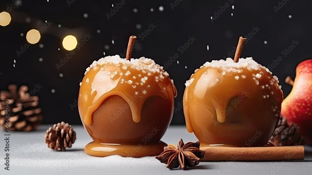 Apples covered with caramel on a table with spices and fir cones.
