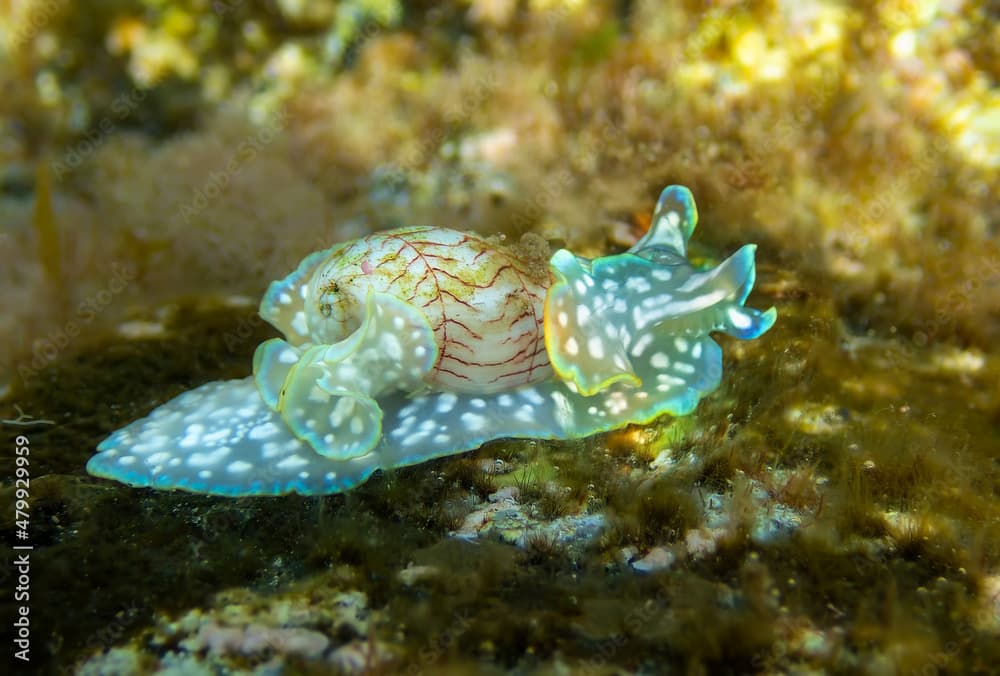 Close-up view of the sea snail Miniature Melo (Micromelo undatus) in shallow waters near La Maceta (El Hierro, Canary Islands) 