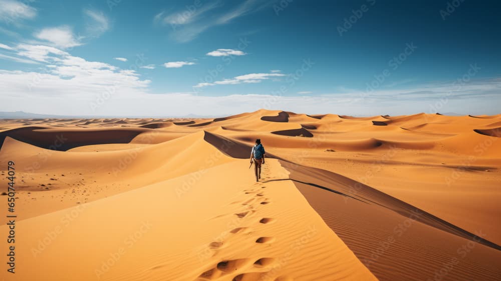 Individual trekking through vast desert landscape, feeling the solitude amidst endless sand dunes