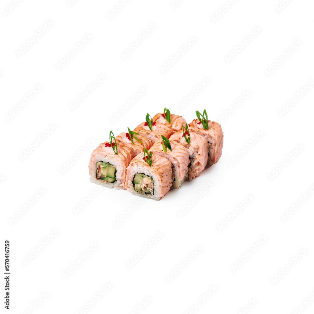 Set of 8 Sushi Rolls named Blazing Salmon Roll on a white background isolated.