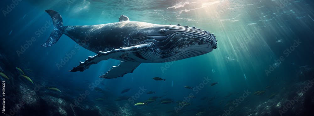 a humpback whale in the blue ocean, in the style of monochrome landscapes