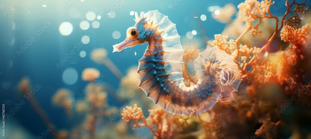 Seahorse with sea marine nature background. Generative AI technology.