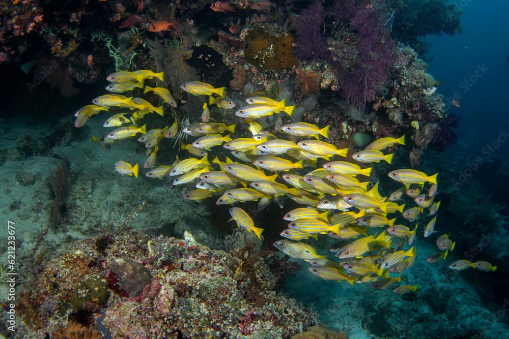 Mimic goatfish swim in big shoal with yellowfin goatfish. Mulloidichthys mimicus and mulloidichthys vanicolensis during dive on Raja Ampat. Aboundit ocean in Indonesia. Small yellow fish with white, y