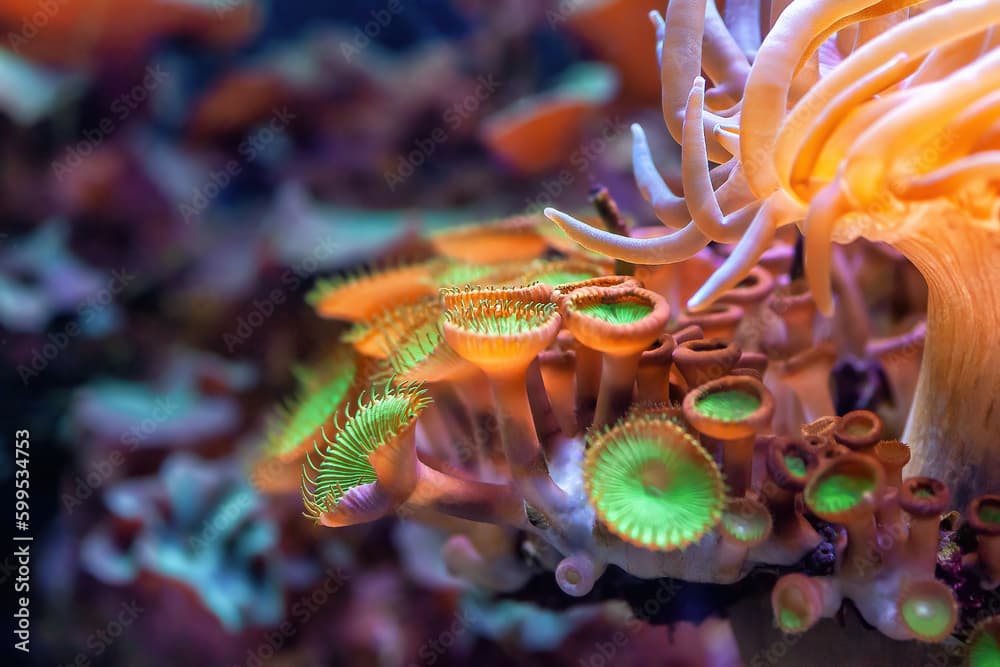 Button zoanthids orange and green polyps in sea. Zoanthus sea anemone in aquarium. Palythoa mutuki colony