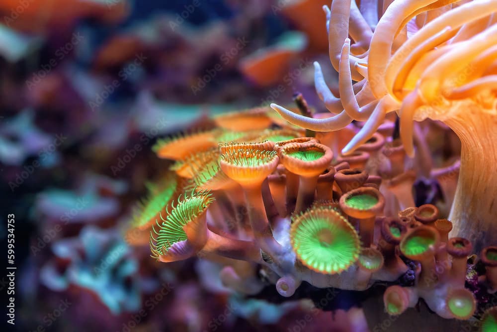 Button zoanthids orange and green polyps in sea. Zoanthus sea anemone in aquarium. Palythoa mutuki colony