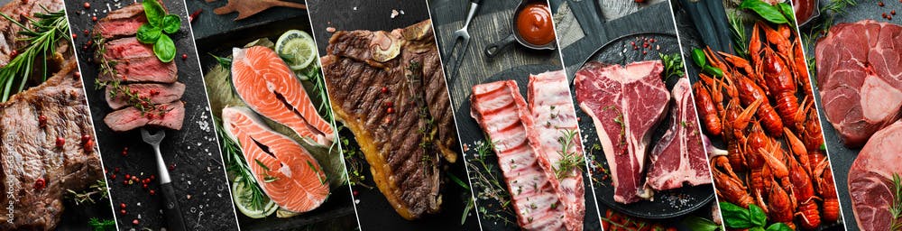 Collage of different assortment of meat and seafood: veal steaks, lobsters, pork, fish and oysters. A set of protein-rich foods.