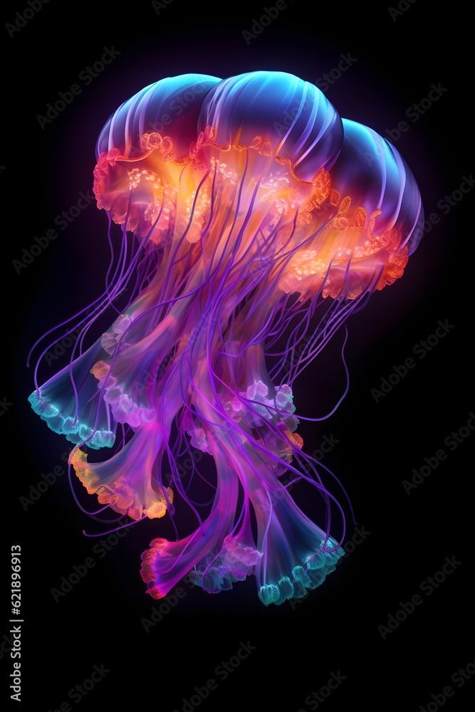 Glowing jellyfish swim deep in blue sea. Medusa neon jellyfish fantasy in space cosmos among stars