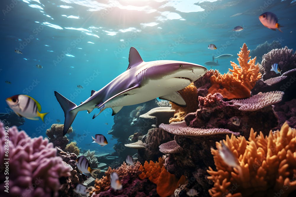 shark swimming through a coral reef