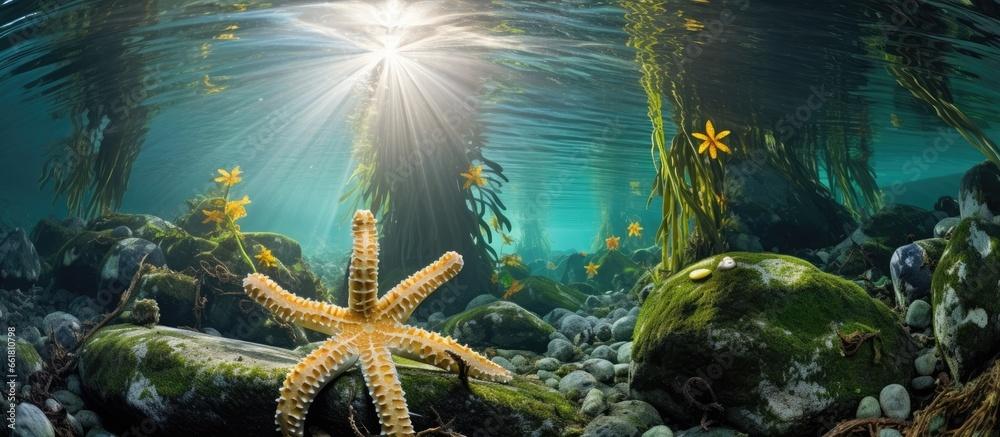 Starfish attach to the bottom of the sea in a giant kelp forest Diverse kelp forests grow in the California coast s eastern Pacific waters With copyspace for text