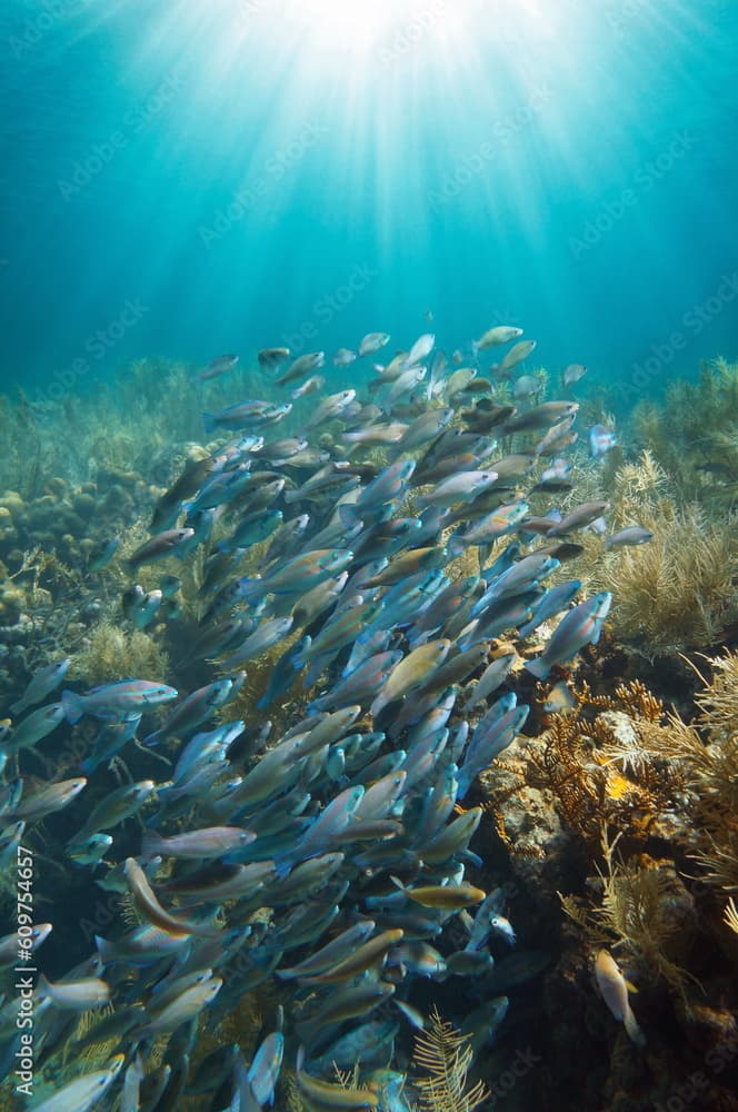 School of fish with sunlight underwater on a coral reef (striped parrotfish, Scarus iseri), Caribbean sea, Central America, Panama